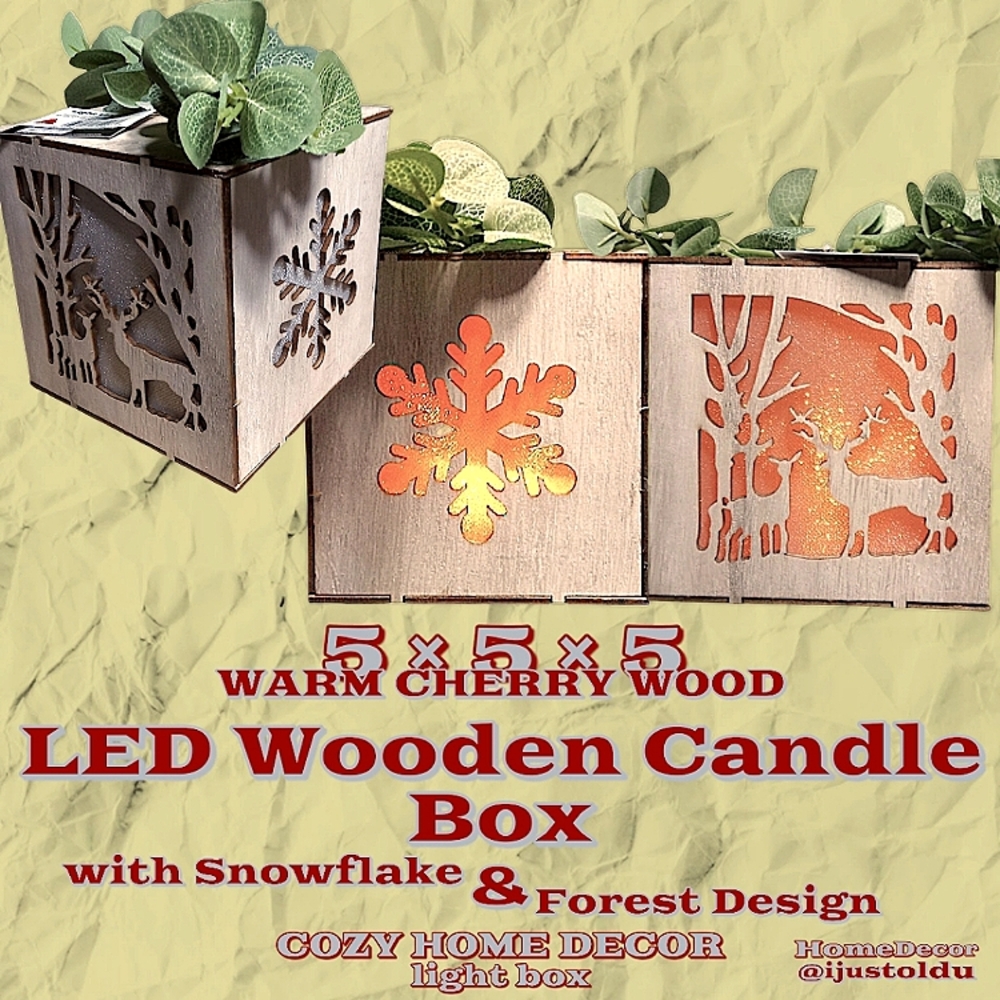 LED Wooden Candle Box with Snowflake & Forest Design | 5″×5″×5″ | Cherry Wood